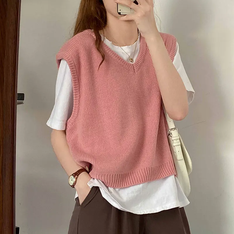 8colors 2020 autumn and winter korean style v neck knitted solid color sleeveless vest sweaters womens pullovers womens (X1558)