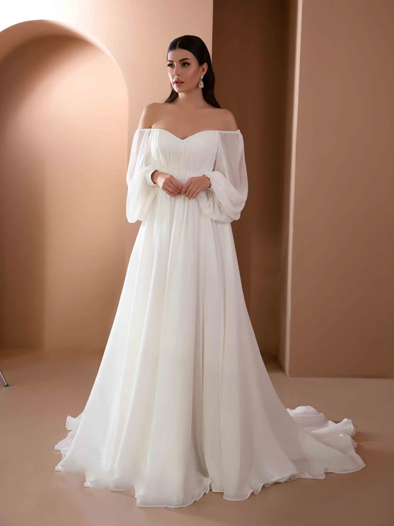 Off The Shoulder Chiffon Wedding Dress Beach 2024 Backless Long Puffy Sleeves Bridal Gown Vestidos De Noiva Robe Mariage