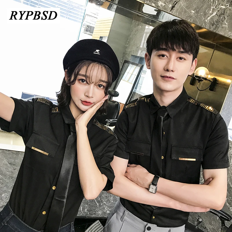 Luxury Shirts Men Women Short Sleeve Slim Fit Shiny Pilot Epaulets Party NightClub Fashion Tuxedo Shirts KTV Work Social Shirt