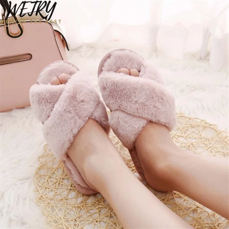 2020  Winter Women Home Slippers with Faux Fur Fashion Warm Shoes Woman Slip on Flats Female Slides Black Pink Plus Size 41