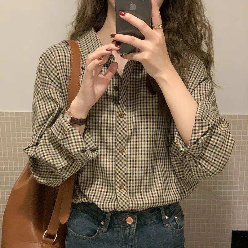 Plaid Shirts Women Retro Turn-down Collar Blouses All-match Straight Hong Kong Style Button Up Elegant Long Sleeve Outwear Femme