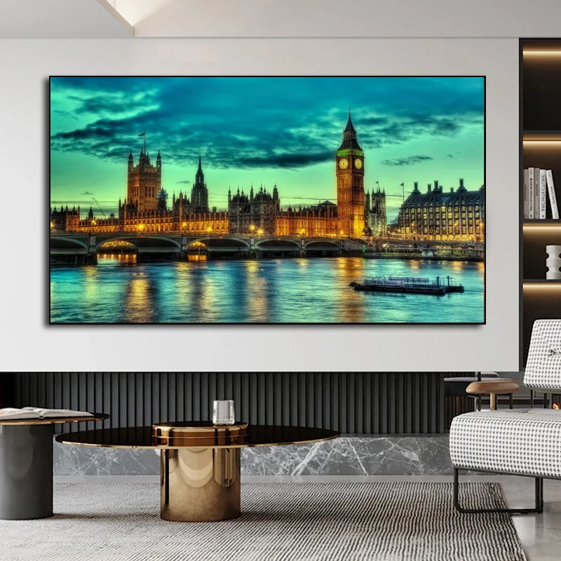 

London Bridge Architecture Landscape Canvas Painting Building Night View Poster and Prints Wall Art Pictures for Home Room Decor