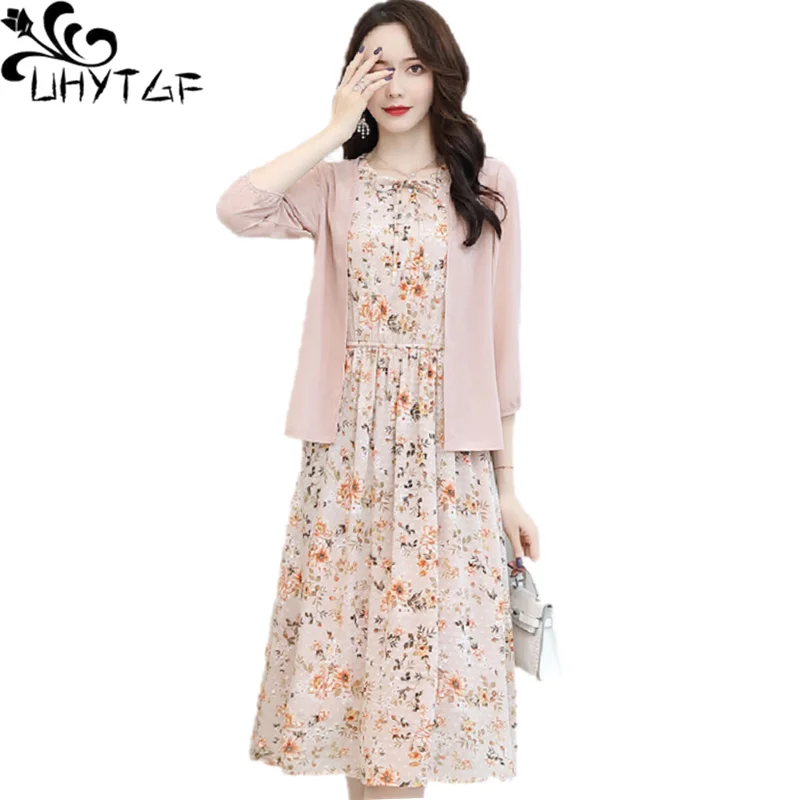 UHYTGF Fashion Chiffon Skirt Suit Women Sleeveless Floral Black Green Pink Summer Two Piece Set Thin Shawl Loose Size Dress 1403