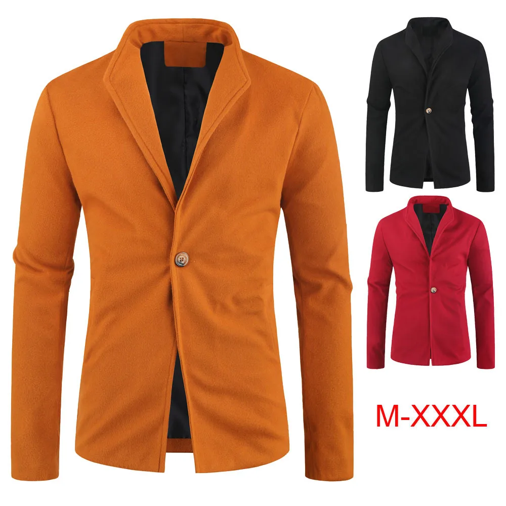 

New Men's Wool Suits for Autumn and Winter Fashion One Button Cardigan Solid Color Stand-up Collar Woolen Jacket