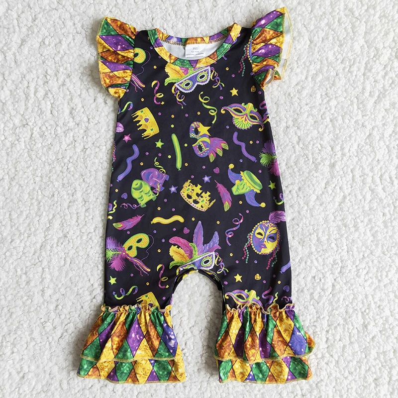 

Wholesale Baby Girls Happy Mardi Gras Wear Clothing Ruffle Pants Flying Sleeves Jumpsuit Kids Spring Mask Romper Toddler Clothes