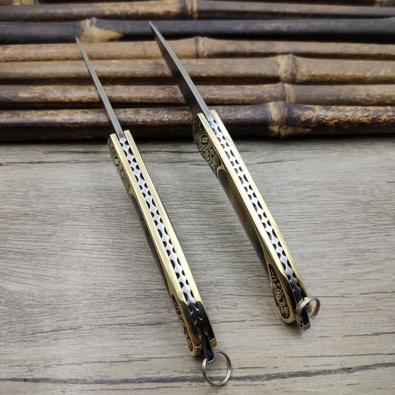 Cuchillo plegable de bolsillo de hoja de acero de Damasco hecho a mano de gran tamaño, latón amarillo + mango de concha de abulón, cuchillo utilitario
