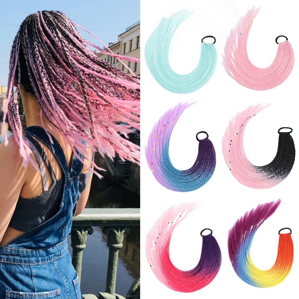 Synthetic Chignon Hair 60cm Hair Color Gradient Dirty Braided Ponytail Women Elastic Hair Rubber Band Hair Accessories Headband