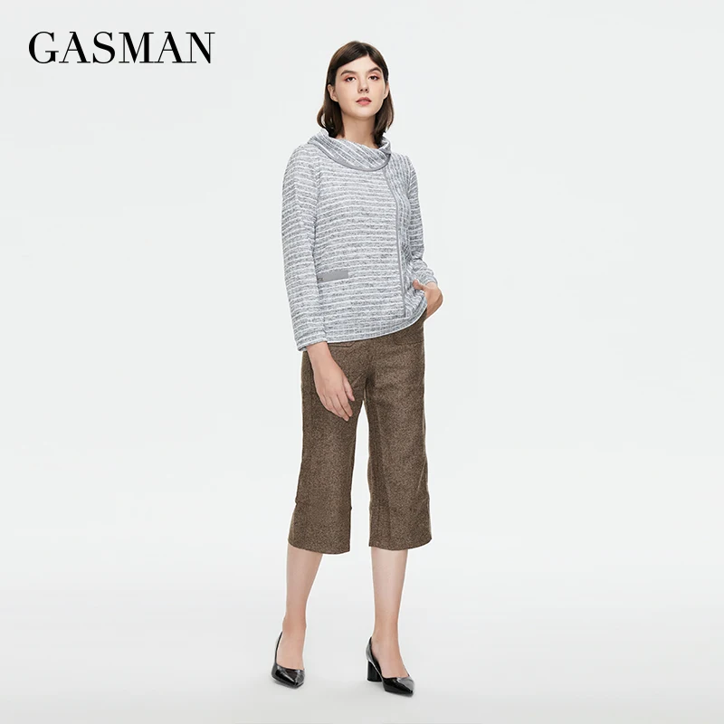 GASMAN Autumn Women blouse stripe grey Standing collar  pocket Three quarters sleeve Elegant Fashion Splicing 5218