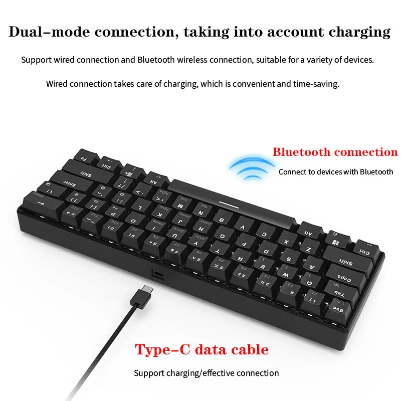 

Gaming Mechanical Keyboard Wired Wireless Dual Mode Connection 61 Keys Anti-ghosting Blue/Black Switch Mechanical Keyboard