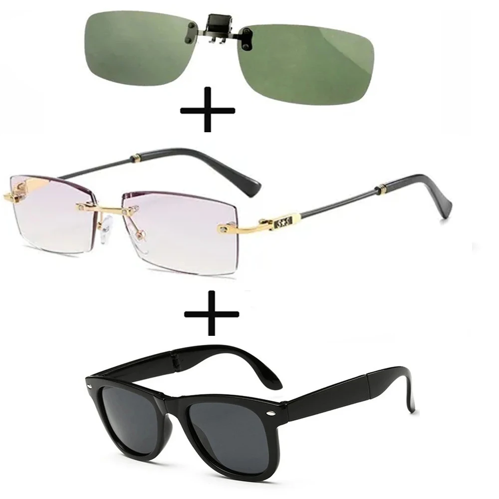 

3Pcs!!! rimless frameless luxury Reading Glasses for Men Women + Alloy Polarized Sunglasses thin leg + Sunglasses Clip