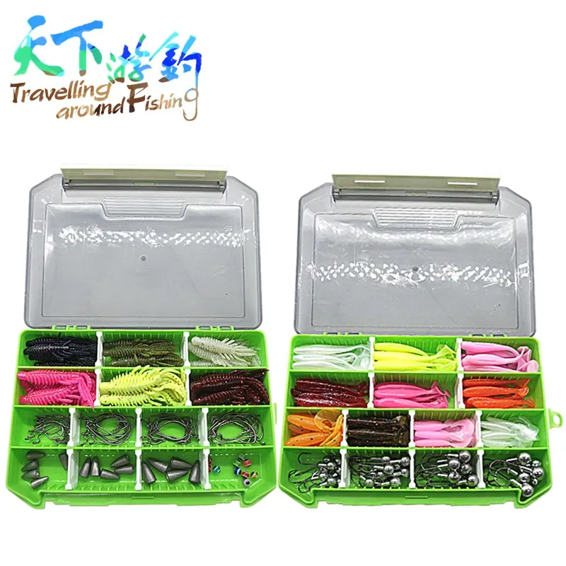 TAF Soft Fishing Lure Kit Soft Bait Fishing Hook Set Bass Lure Combo Jig Head Hook Artificial Bait With Fishing Box Pesca Tackle