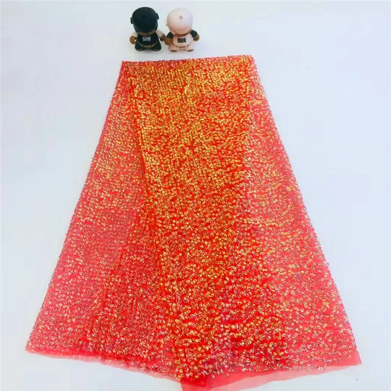 

5 Yards/pc Most popular red french net lace fabric match small sequins style african mesh lace for party dress ZD6-2