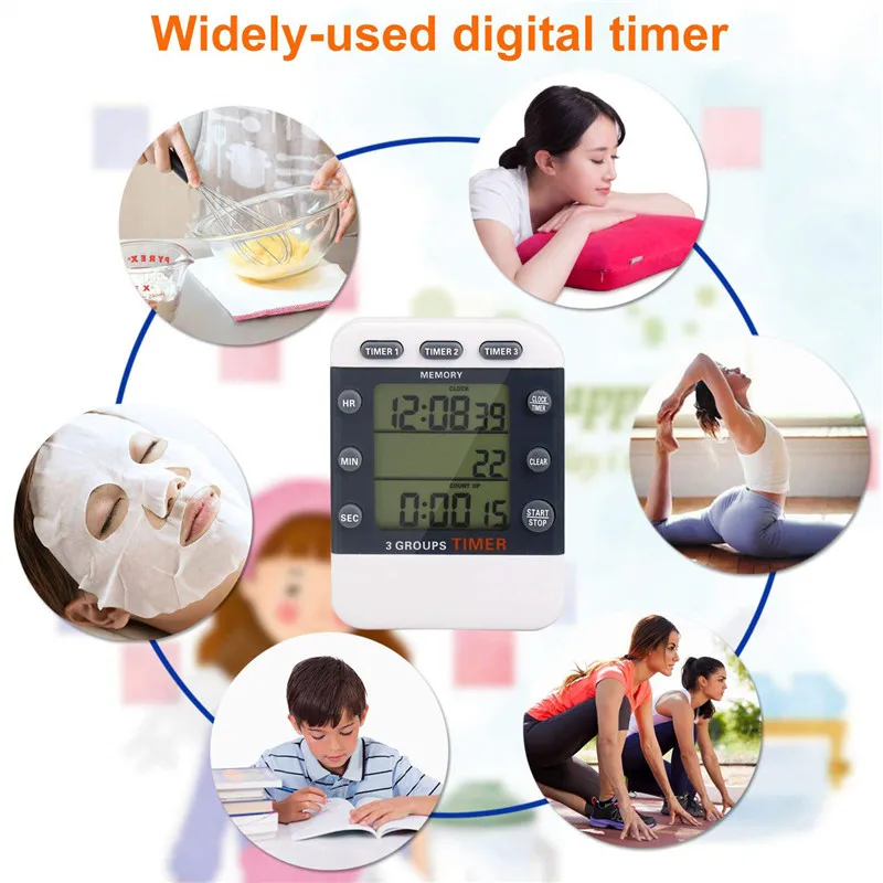 Digital Timer 99 Hour TripleCount Down/Up Clock Timer Kitchen Cooking Timer with Large LCD Display Loud Alarm Magnet Bracket