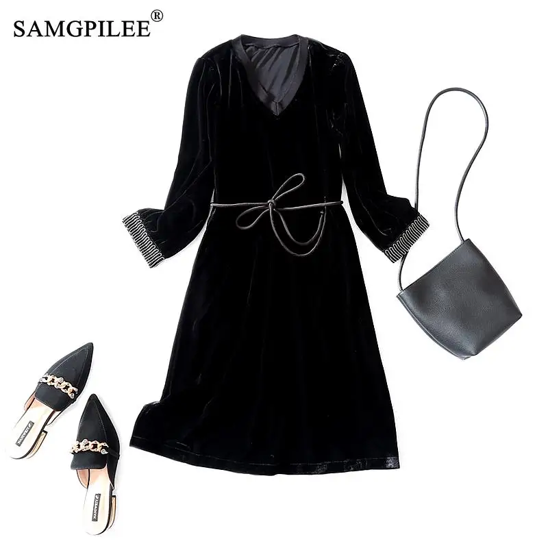 

Women Autumn Sundress 2021 Casual Dress A-line Full Sleeve Elegant Dress Sashes Knee-length Empire V-neck Dresses For Womens 3XL