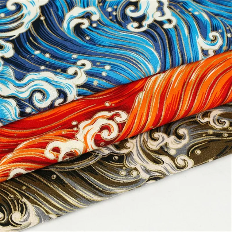 

Hot Seller Sea Wave Design Blue Pure Cotton Fabric Metallic for Curtain Table Cloth Bedding Dress