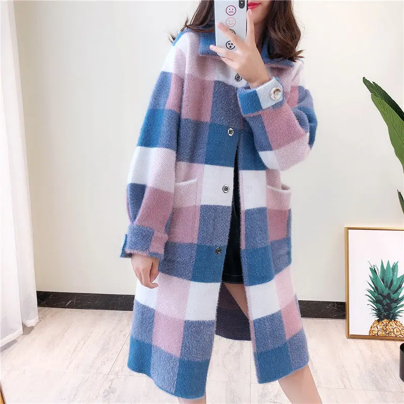 2019 New Plaid Mink Cashmere Sweater Knitted Cardigan Women's Autumn and Winter Thick Woolen Coat Long Korean Loose coat f2127