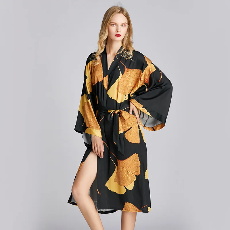 Sexy Silk Bathrobe Women Satin Kimono Robes Ginkgo biloba Print Robes Bridesmaids Long Kimono Robe Bride Silk Robe Dressing Gown