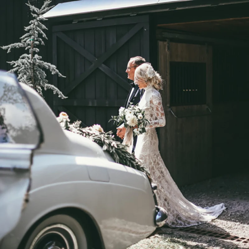 Vestido de novia de encaje musulmán, prenda de cuello alto con mangas largas ajustadas y espalda descubierta, estilo rústico, Maxi, estilo sirena del bosque