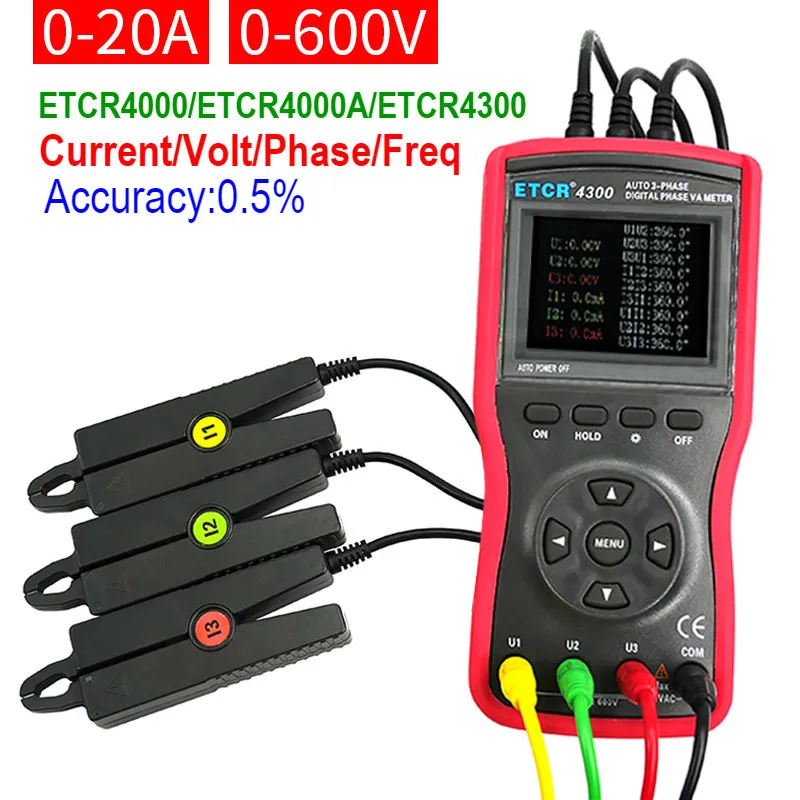 20A/600V Digital Double Clamp ETCR4000 ETCR4000A Phase Voltmeter ETCR4300 Triple Clamp Automatic 0~360 Phase Voltammeter Meter