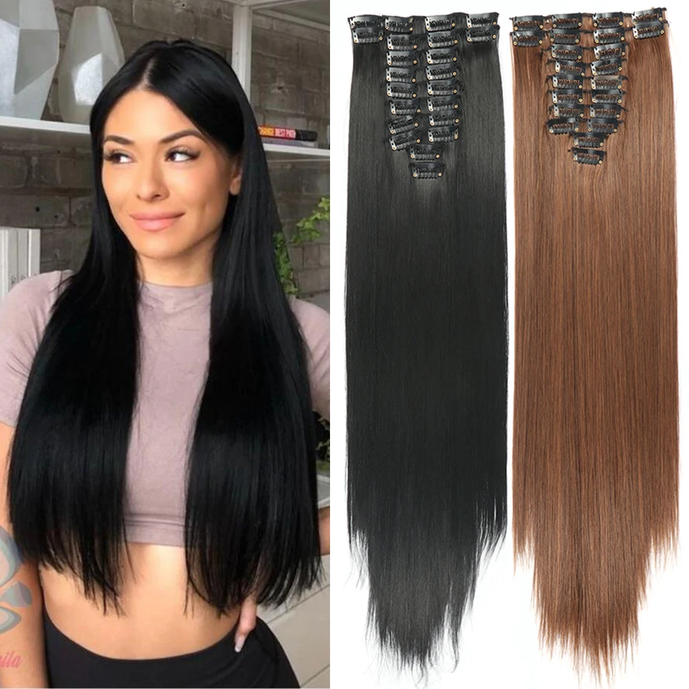 AZIR 12Pcs/Set 22 Clips Long Straight Synthetic Hair Extensions Clips In High Temperature Fiber Black Brown Hairpiece