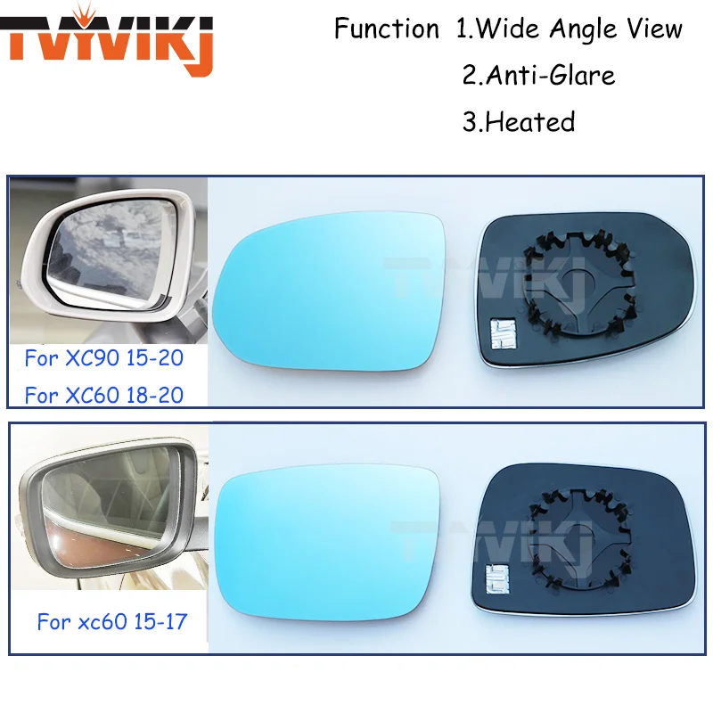 1 pair Side Rearview Mirror Blue Glass Lens For VOLVO XC60 XC90 S60L V40 S40 S80 S90 2006-2020 Wide Angle View anti glare