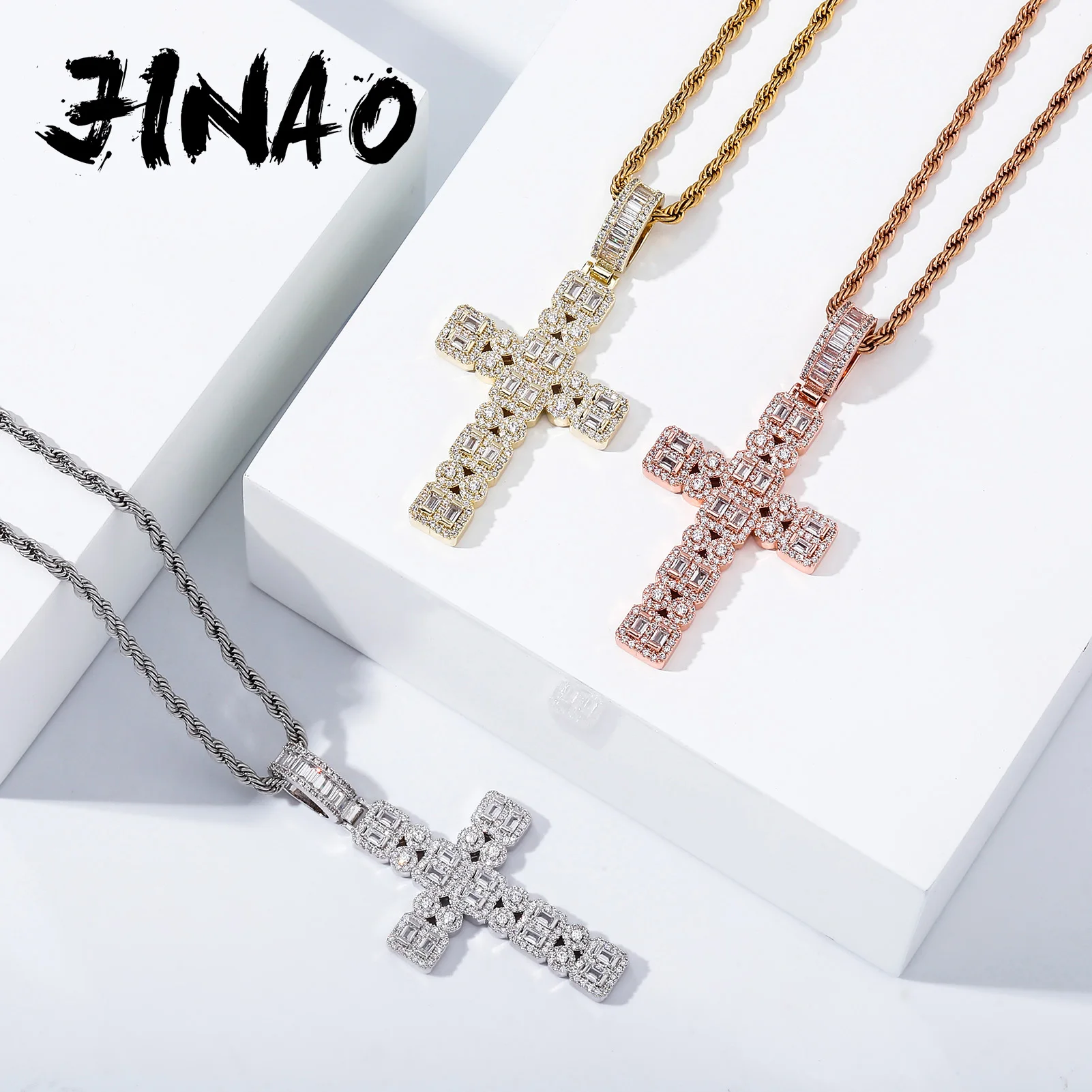 JINAO Hip Hop Nail Cross Pendant&Necklace Micro Pave Cubic Zirconia Stones High Quality Copper Jewelry For Wen and Women Gift