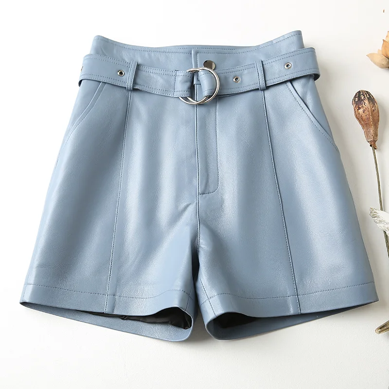 Leather Genuine Shorts Womens New High Waist Straight Sheepskin Shorts Pockets Sashes High Quality Korean Style Fashion Shorts