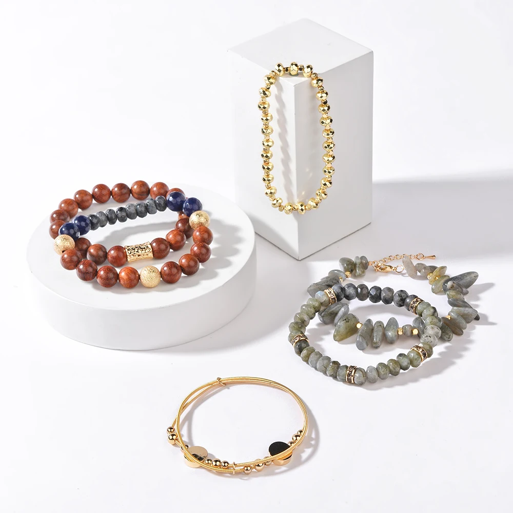 BOJIU 2021 Fashion Natural Stone Bracelets Set For Women New Statement Jewelry Agates Crystal Wood Beads Bracelet Femme BCSET317