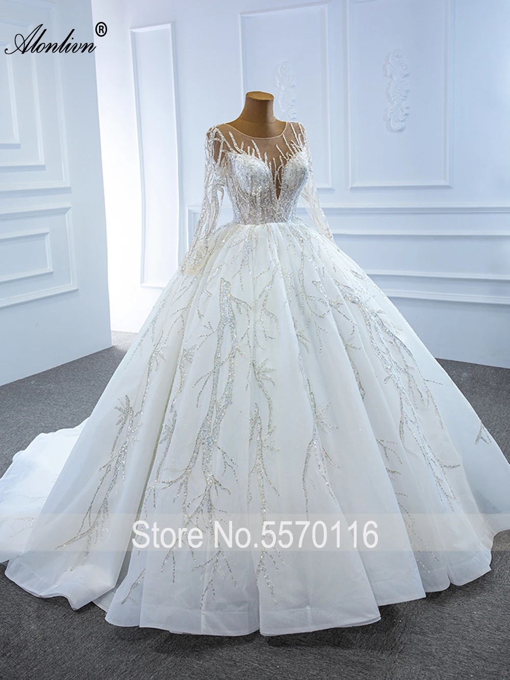 Alonlivn High-end Scoop Neckline Of Sequin lace Line Wedding Dress With Full Sleeve  Vestido de Noiva Court Train