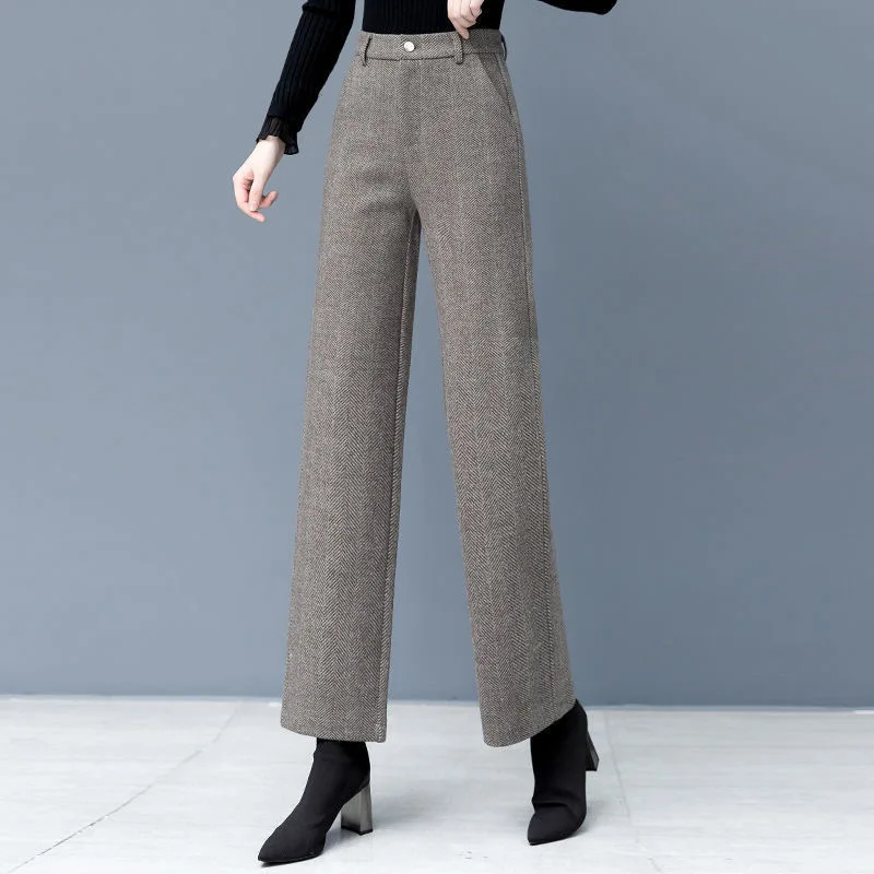 Fall Winter Office Woolen Wide Leg Pants Women Casual High Waist Thicken Pantalones New Wool Blend Warm Straight OL Sweatpants