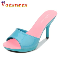 Voesnees Brand Summer Slippers Women Mixed Colors PU Fine Heel 9cm Outside Sandal Platform Sexy Slipper Women Shoes Slides Heels