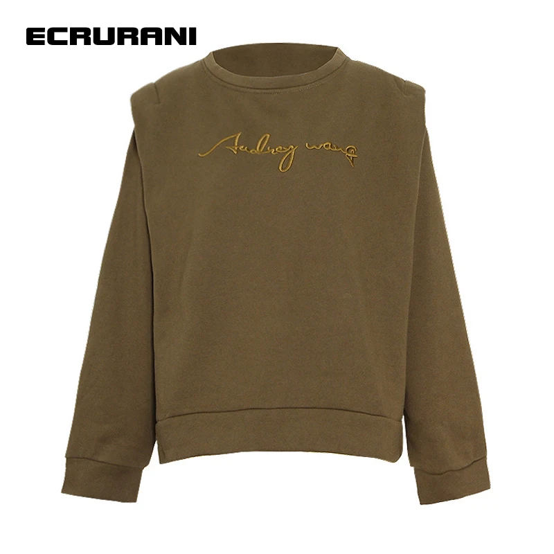 

ECRURANI Embroidered Casual Pullovers For Women O Neck Long Sleeve Loose Minimalist Sweatshirt Female 2021 Fashion New Clothing