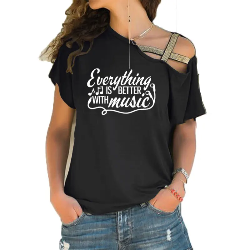 

Everything is Better With Music Earphone Print Shirt Female Off Shoulder T-Shirt Women Irregular Skew Cross Bandage Tops