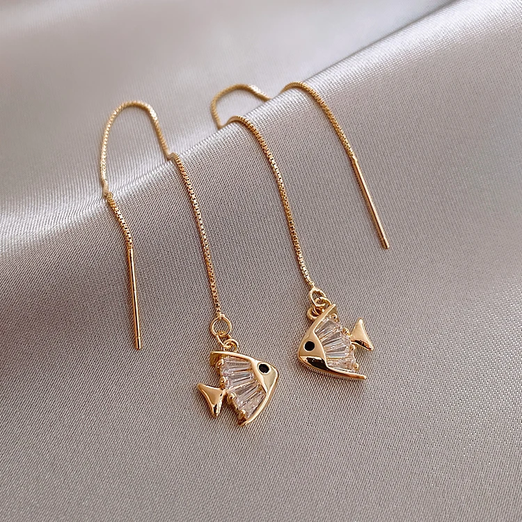 Korean hot selling fashion jewelry creative copper inlaid zircon fish pendant ear line cute and elegant female earrings