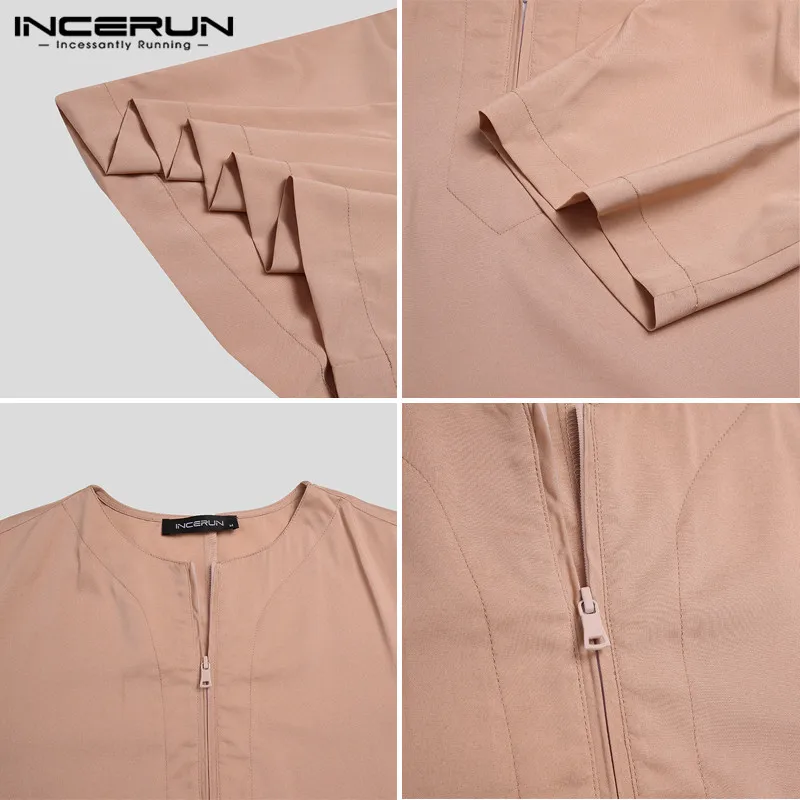 INCERUN Mens Solid Color Robes Saudi Style Zipper Jubba Thobe Man Vintage Short Sleeve O Neck Muslim Arabic Islamic Clothing 5XL