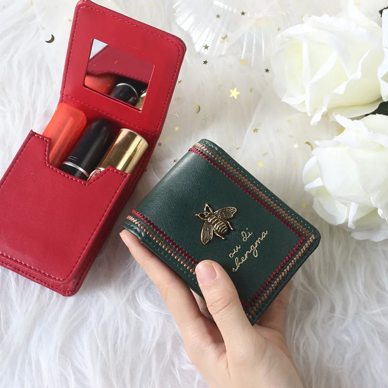 New Women Lipstick Wallets Fashion Brand Portable Makeup Bag with Mirror Lipstic Case Embroidery Woman Leather Storage Box Purse