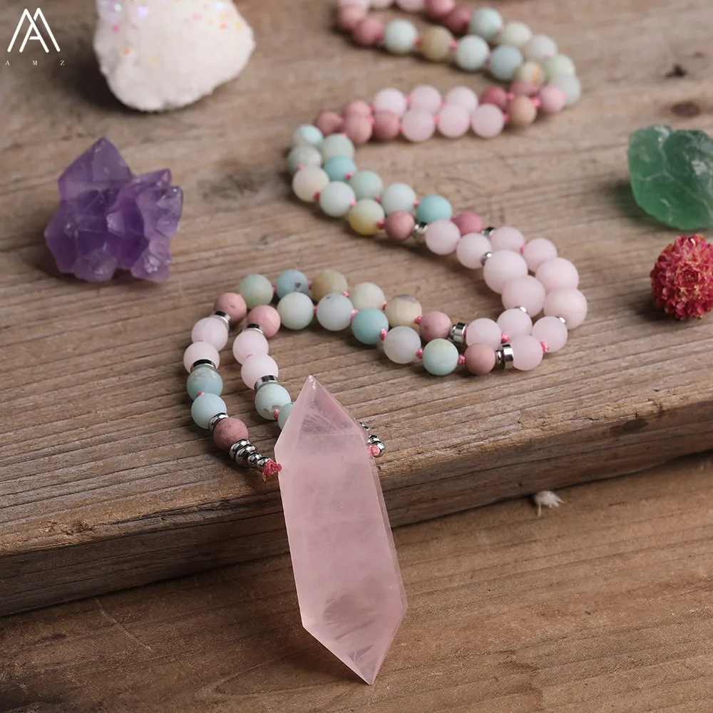 Natürliche Rosa Quarz Doppel Stick Punkt Anhänger 8mm Verfilzte Amazonit Rosen Quarz Runde Perlen Schnur Verknotet Mala Halskette Schmuck – Detail 6