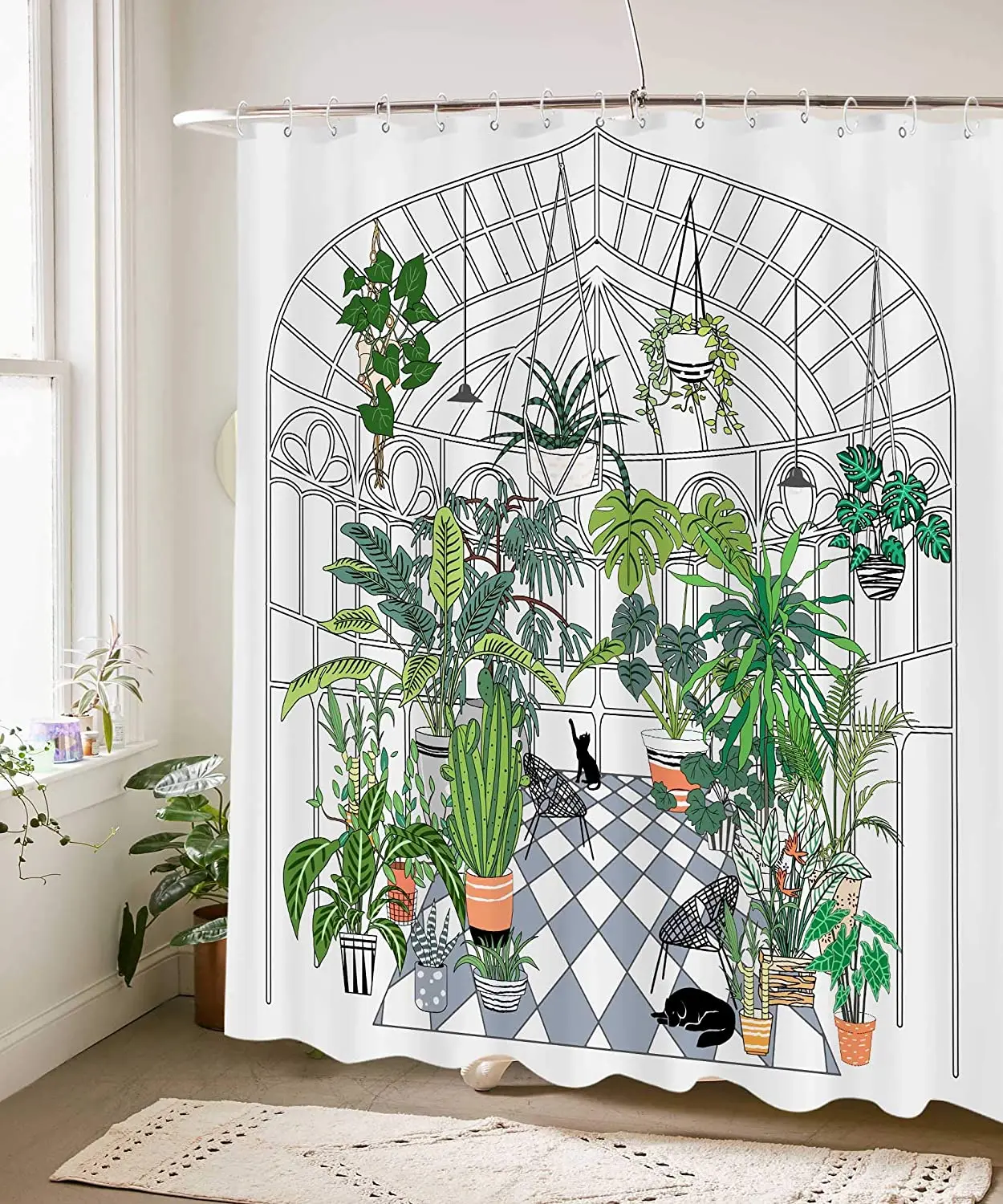 Greenhouse Potted Plants Succulents Leaves and Pet Shower Curtain Set for Bathroom Green