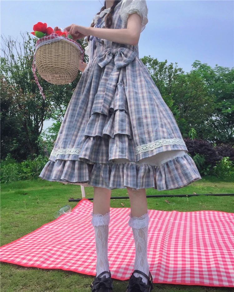 Sweet lolita dress vintage  bowknot plaid jk uniform high waist princess victorian dress kawaii girl gothic lolita cosplay loli