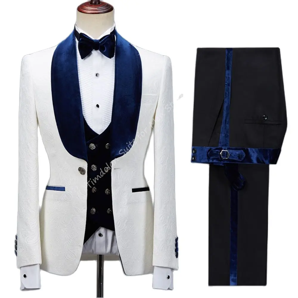 

3pcs Wedding Blazer Trousers Costume Bridegroom Slim Fit Men Suits White Pattern Jacket Black Pants Blue Shawl Lapel Velvet Vest
