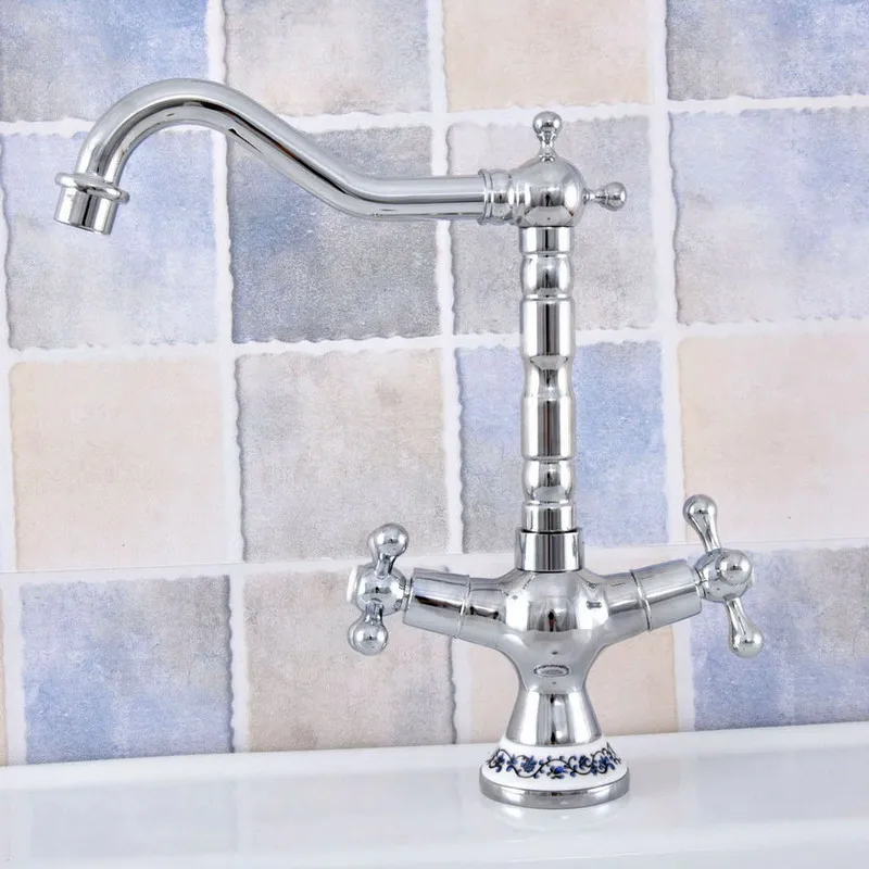 Basin Faucets Polished Chrom Bathroom Sink Faucet Swivel Spout Double Cross Handle Bath kitchen Mixer Hot and Cold Tap Lsf667