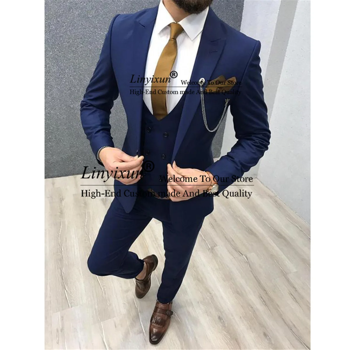 

Handsome Mens Suits Navy Blue Slim Fit Groom Wedding Tuxedos 3 Pieces Jacket Vest Pants Set Business Man Blazer Terno Masculino