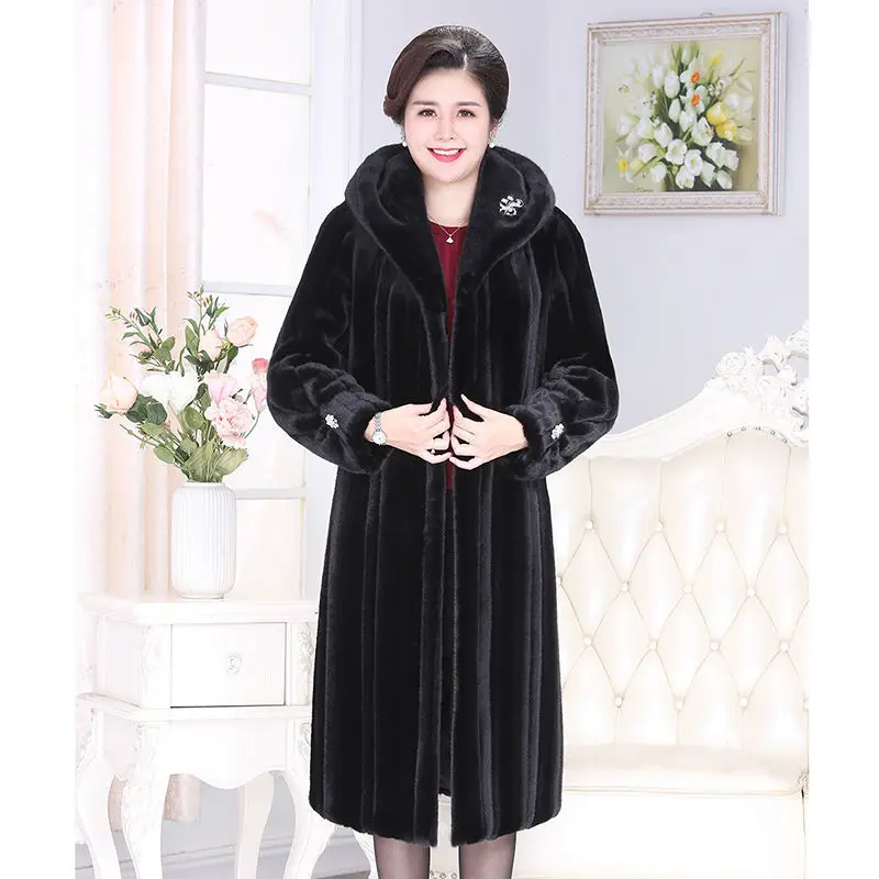 High-end Imitation Mink Velvet Coat Women Winter Warm Long Jacket New Middle Aged Elderly Mother Thick Hooded Fur Coat