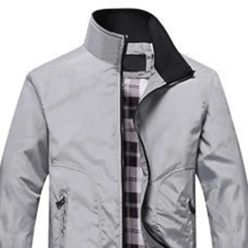 Men Coat Solid Color Stand Collar Pockets Elastic Cuff Spring Jacket for Daily Wear