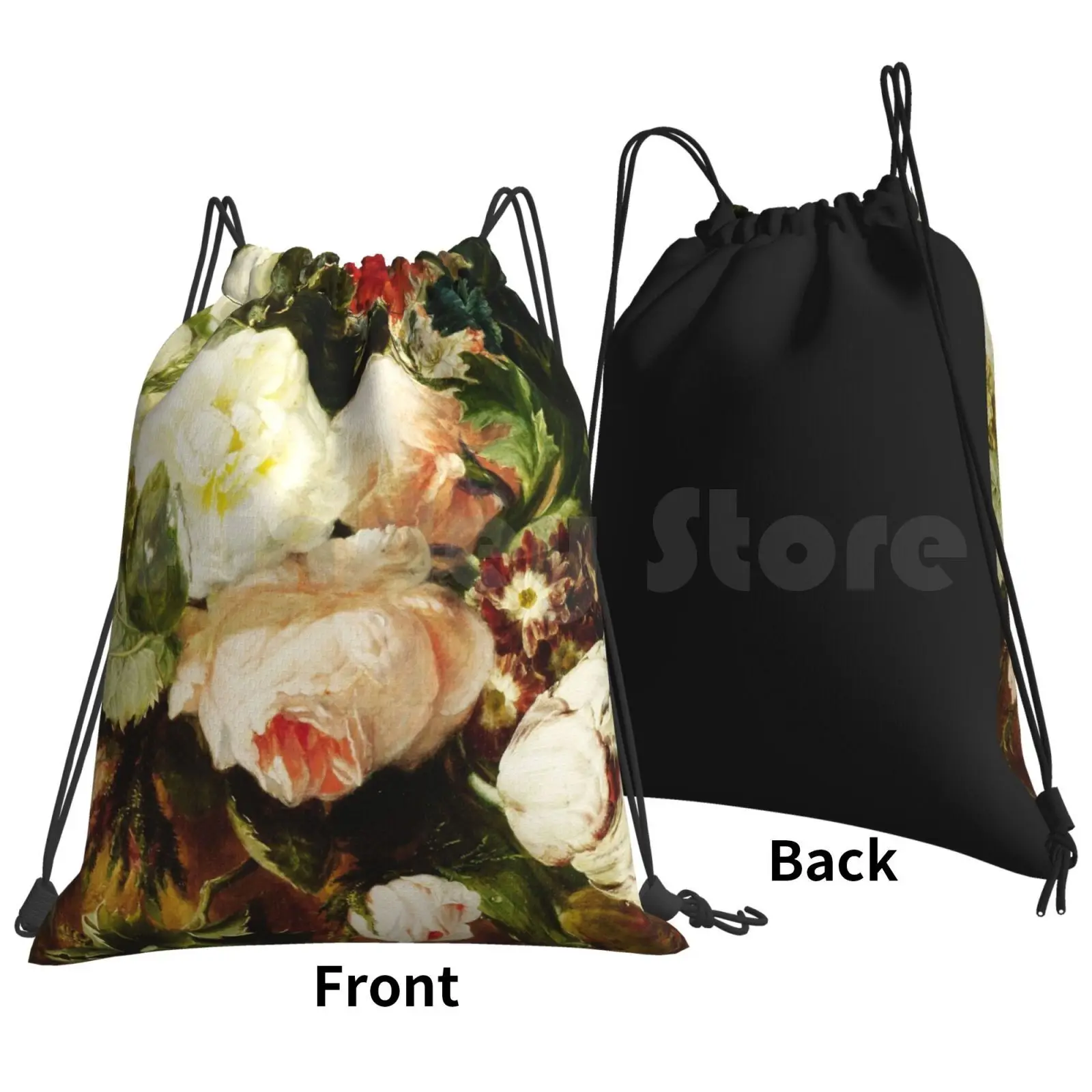 Vintage Floral Oil Painting Backpack Drawstring Bag Riding Climbing Gym Bag Floral Vintage Peonies Roses Floral Bouquet Oil