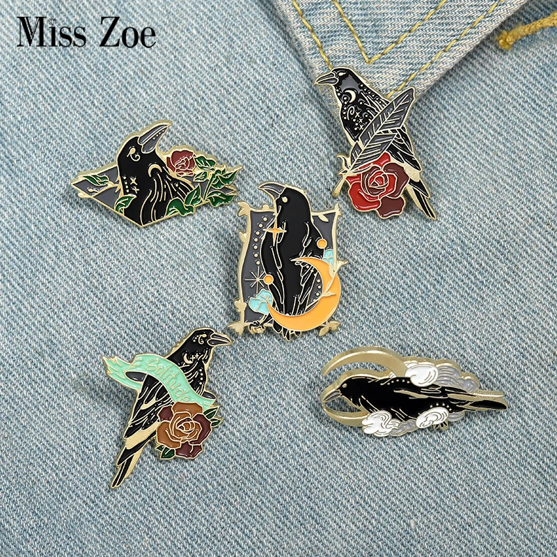 Crow Raven Enamel Pin Custom Bird Feather Moon Flowers Brooches Bag Lapel Pin Punk Badge Gothic Jewelry Gift for Friends