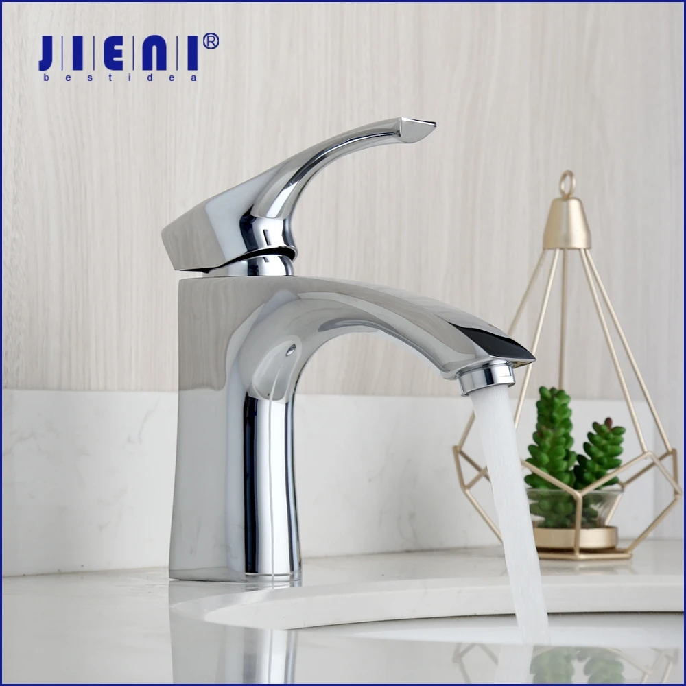 JIENI Chrome Brass Bathtoom Basin Sink Mixer Tap Deck Mounted Solid Brass Wash Basin Mixer Faucet Simple Design