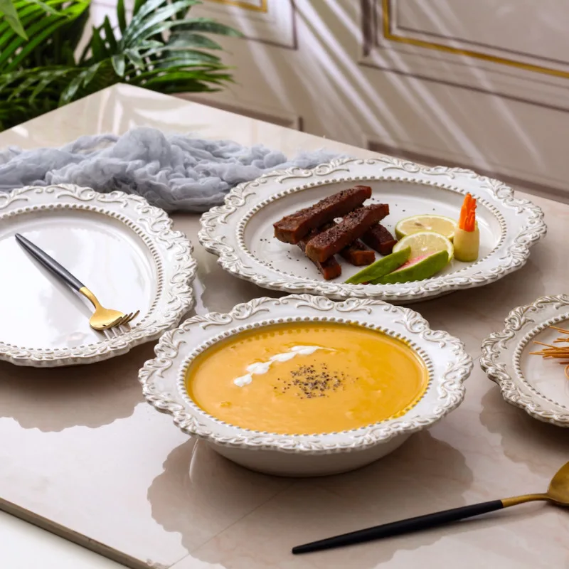 Relief Ceramic Dinner Plate Milk Mug Coffee Cup And Dish Dessert Salad Dishes Rice Soup Noodles Bowl Serving Tray Tableware