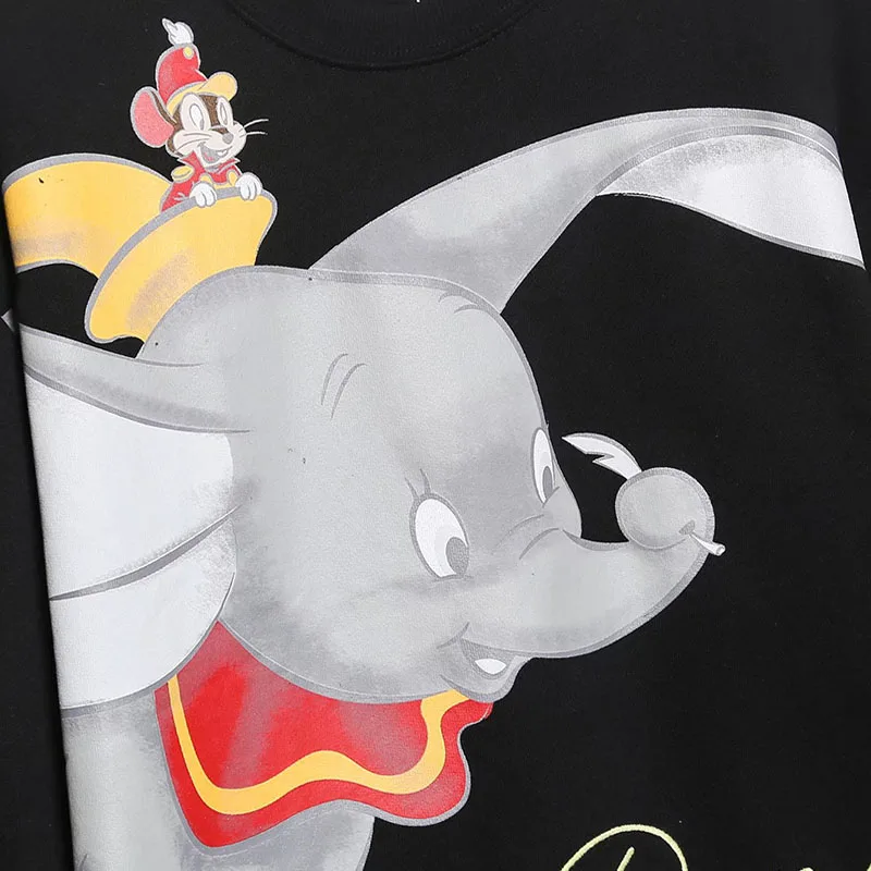 Disney Sweatshirt Women Cartoon Dumbo Elephant Timothy Q Mouse Print O Neck Pullover Harajuku Vintage Female Casual Tops Black