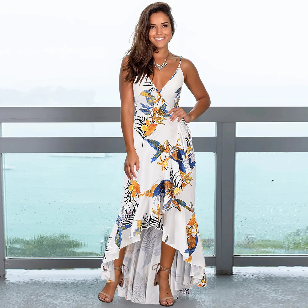 EDressU 2021 Sexy V-ausschnitt Rüschen Gedruckt Sommer Kleid Frauen Bohemian Spaghetti-trägern High Low Boho Strand Urlaub Tragen HYG-136